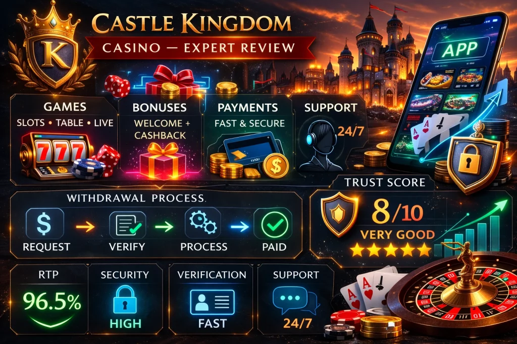 Castle Kingdom Casino Expert Review - Full overview with game portfolio, welcome bonus details, payment methods, risk assessment, and security features. High-quality infographic showcasing RTP, volatility, VIP tiers, and trust score.