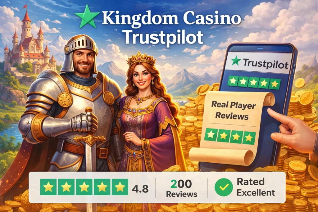 Kingdom Casino Trustpilot promotional image featuring a knight and queen in a fantasy setting. A smartphone displays five green stars, symbolizing excellent ratings on Trustpilot. The background features golden coins and a parchment scroll with the text 'Real Player Reviews,' showcasing the casino's 4.8 rating and 200 reviews.