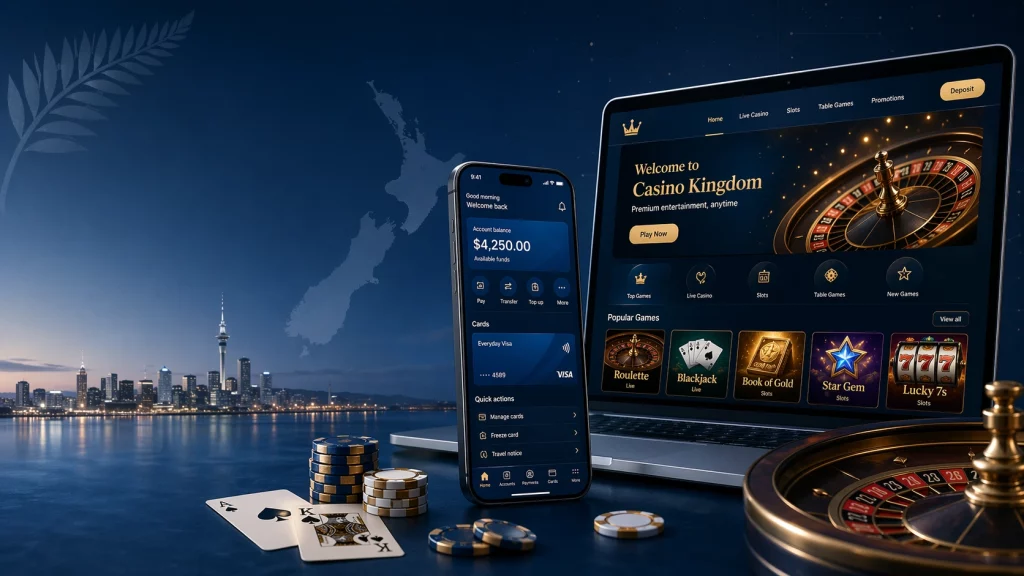 ANZ banking and Casino Kingdom payment banner with mobile banking app, laptop casino interface, roulette wheel, cards, and New Zealand skyline