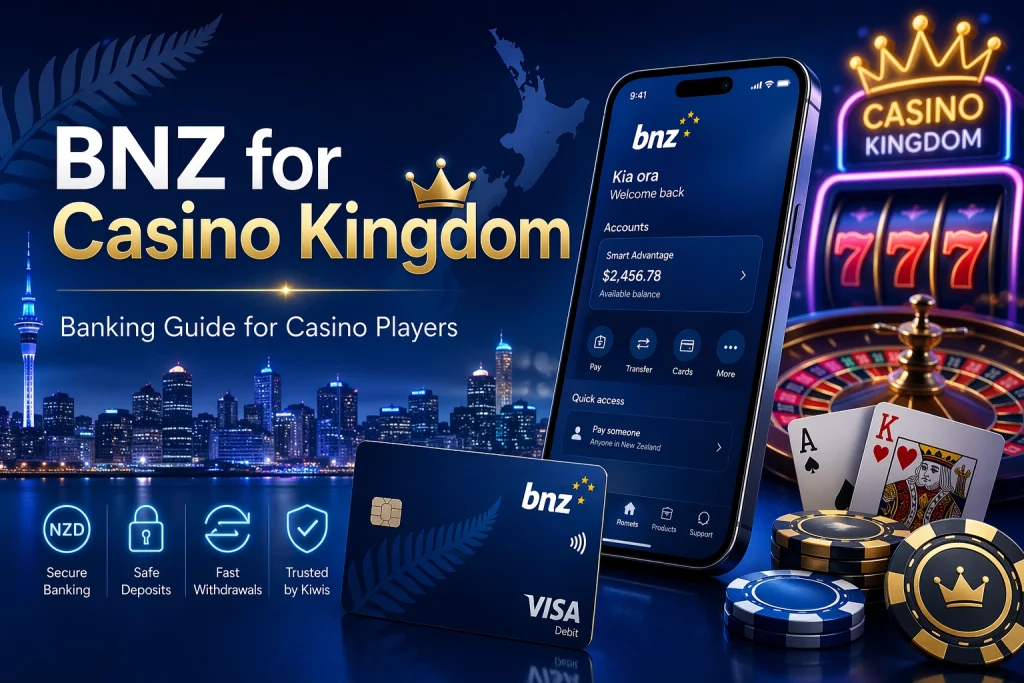 BNZ for Casino Kingdom banking guide banner with mobile banking app, BNZ debit card, casino chips, roulette wheel and New Zealand skyline