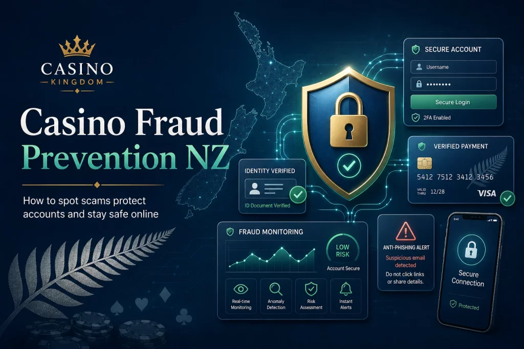 Casino Fraud Prevention NZ banner with Casino Kingdom branding, secure shield, verified payment card, identity check, anti phishing alert, fraud monitoring dashboard, mobile protection, and New Zealand map background.