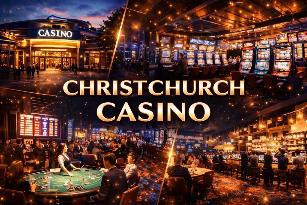 Christchurch Casino panoramic collage banner with exterior views, gaming floor scenes, table action, bar atmosphere, and the casino name centered