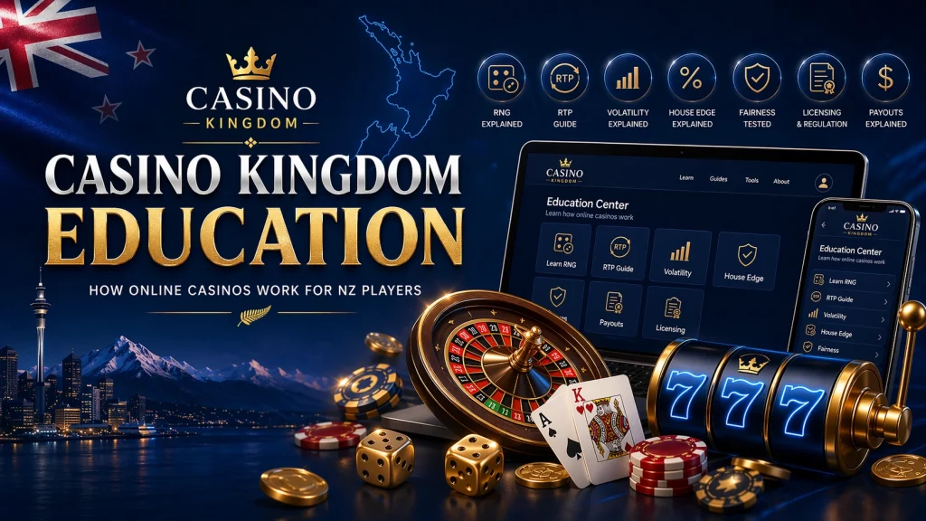Casino Kingdom Education banner for NZ players with laptop and mobile learning hub, RNG, RTP, volatility, house edge, fairness, licensing, payouts icons, roulette, slots, chips, cards, dice, and New Zealand background.