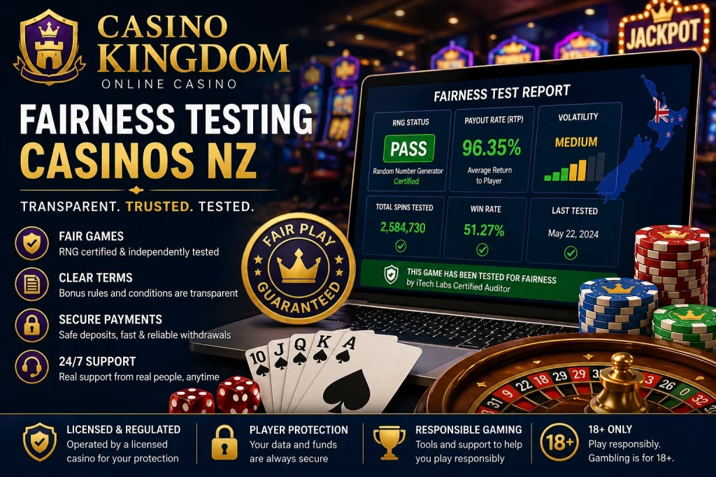Casino Kingdom fairness testing casinos NZ banner with casino logo, RNG test report, RTP dashboard, roulette wheel, chips, cards and responsible gaming icons.