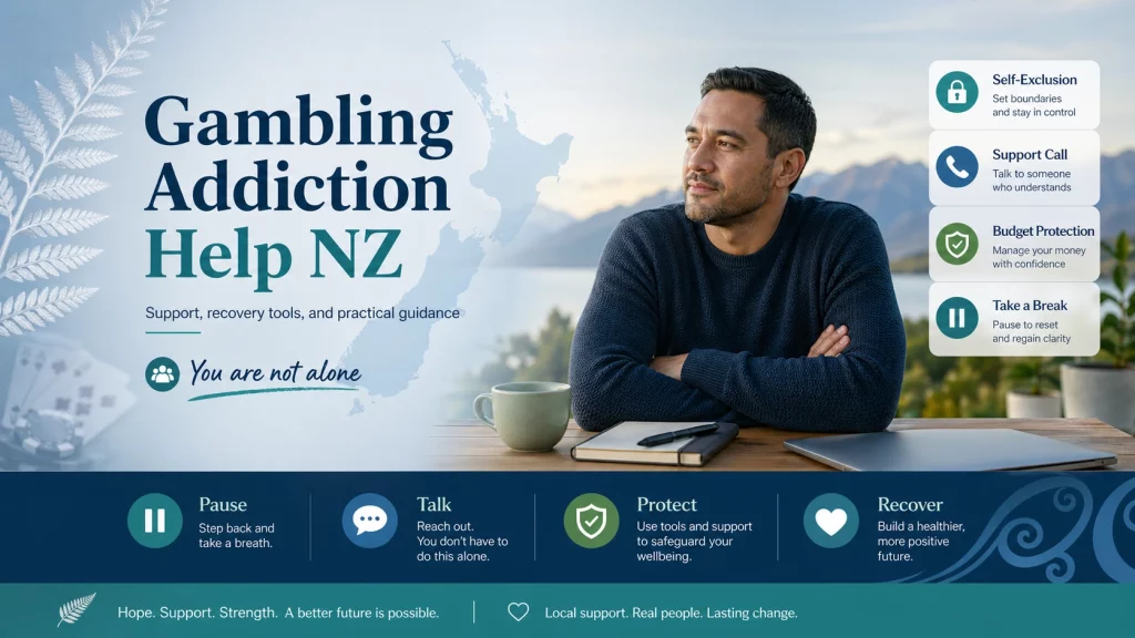 Gambling Addiction Help NZ banner with support call, self-exclusion tools, budget protection, recovery icons and New Zealand fern design