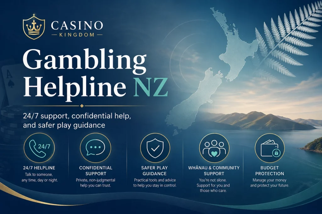 Gambling Helpline NZ banner for Casino Kingdom with 24/7 support icon, confidential counselling chat, whānau help, protection shield and New Zealand silver fern design.