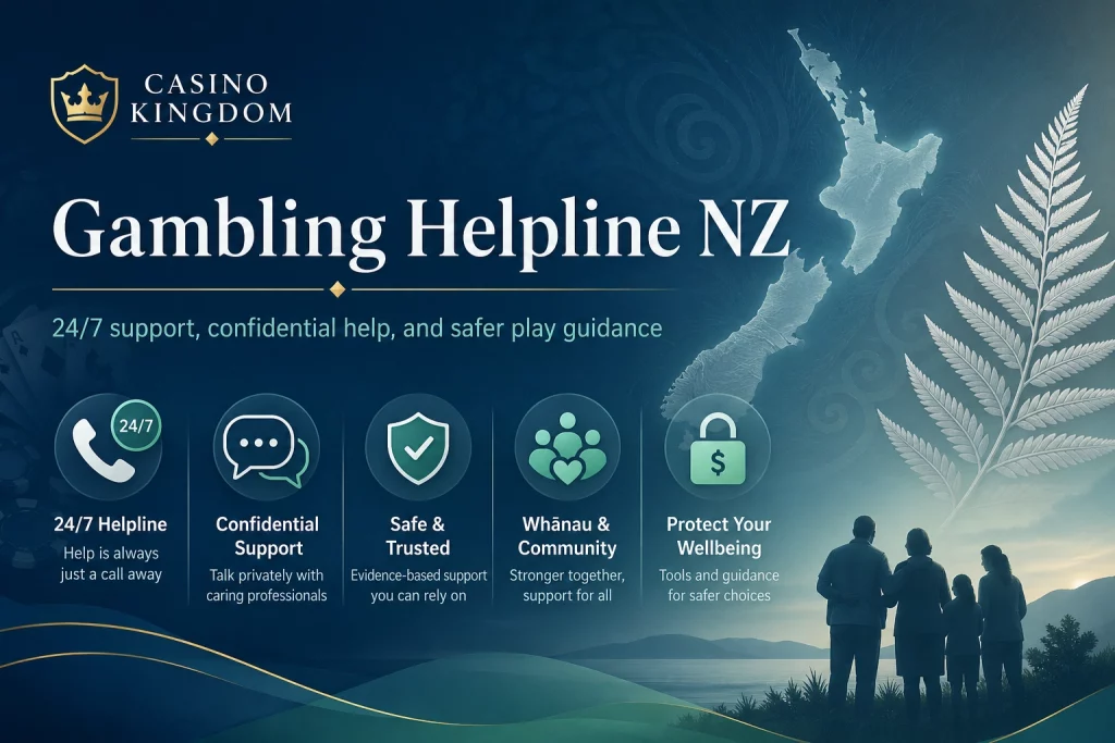 Gambling Helpline NZ banner for Casino Kingdom with 24/7 helpline, confidential support, whānau community help, protection icons and New Zealand silver fern