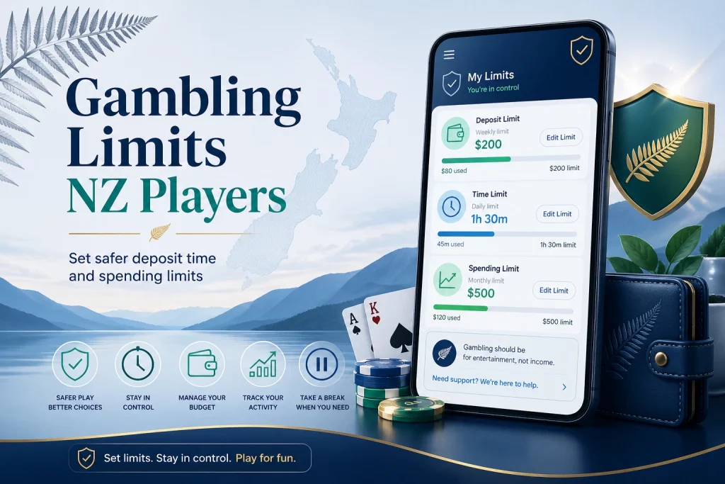 Gambling Limits NZ Players banner with deposit limit dashboard, time limit controls, budget protection icons, New Zealand map and silver fern design
