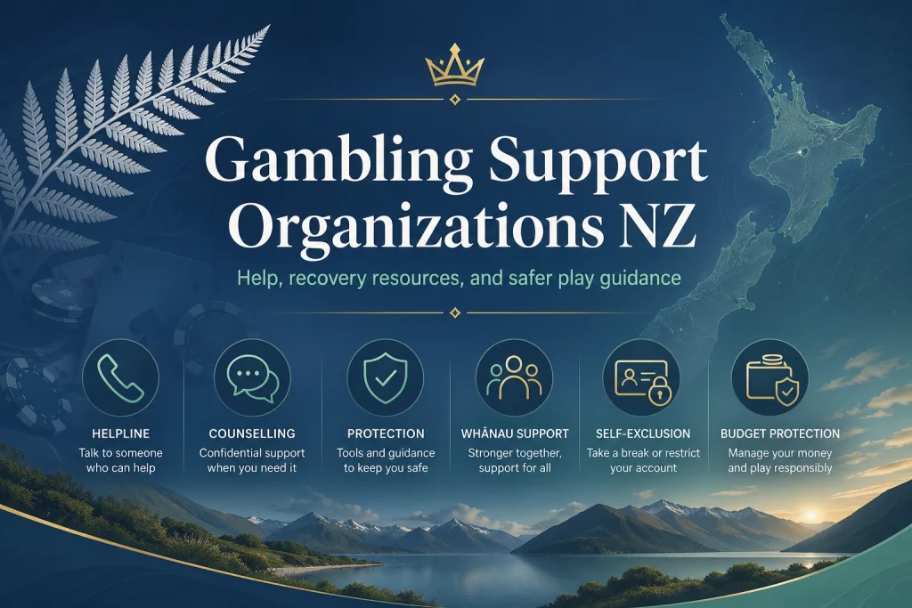 Gambling Support Organizations NZ banner for Casino Kingdom with helpline, counselling, whānau support, self-exclusion and budget protection icons