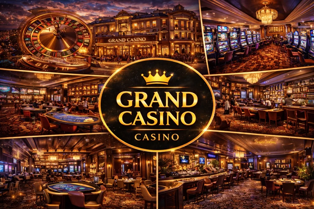 Grand Casino Dunedin banner with the heritage hotel exterior, gaming imagery, rewards elements, and classic New Zealand offline casino atmosphere