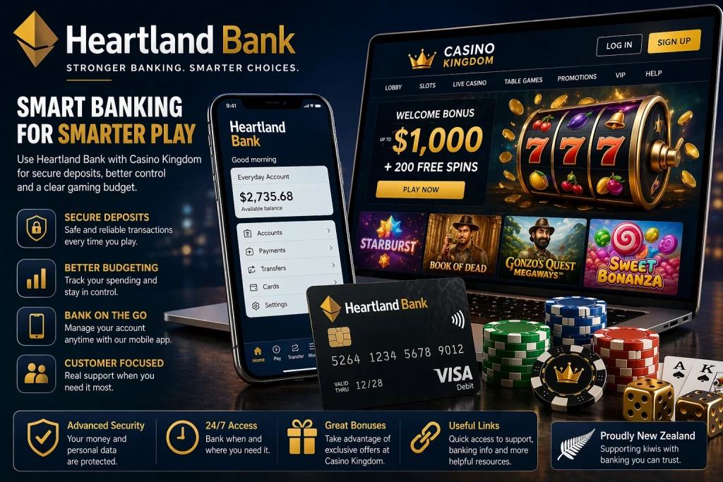 Heartland Bank and Casino Kingdom banner with mobile banking app, debit card, casino chips, laptop casino screen, and secure deposit concept