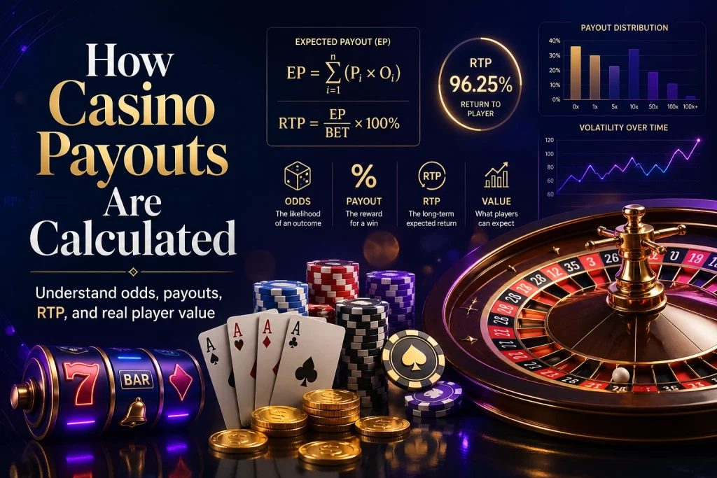 How casino payouts are calculated with roulette wheel, slot reels, poker chips, playing cards, RTP formula, payout charts and casino value indicators.