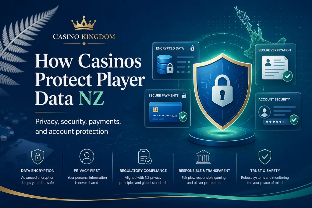 How Casinos Protect Player Data NZ banner for Casino Kingdom with secure data shield, privacy lock, encrypted database, payment protection, account security and New Zealand map design.
