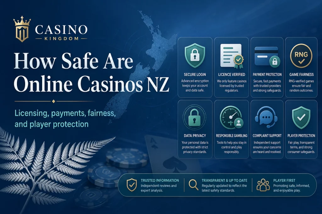 How Safe Are Online Casinos NZ banner for Casino Kingdom with New Zealand map, silver fern, licence check, secure payments, fairness icons, data protection and responsible gambling tools.