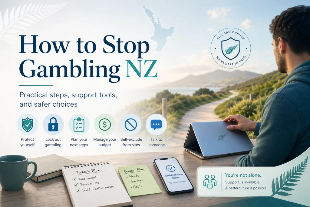 How to Stop Gambling NZ banner with self-exclusion active screen, support tools, budget plan, protective icons and New Zealand recovery path