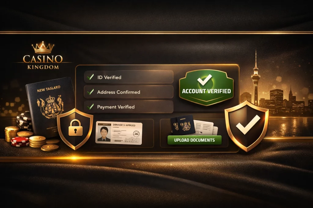 Casino Kingdom KYC verification banner for New Zealand players with account verified dashboard, ID check elements, shields, and secure document upload interface
