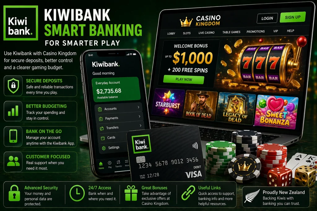 Kiwibank and Casino Kingdom banner with mobile banking app, debit card, casino chips, laptop casino screen, and secure deposit theme