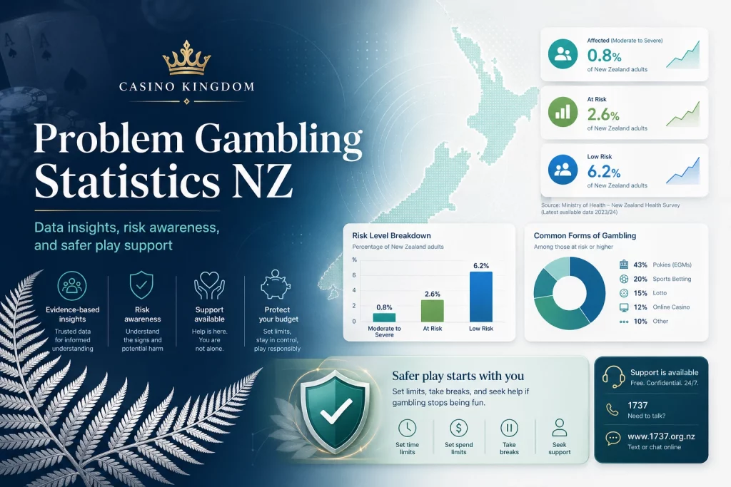 Problem Gambling Statistics NZ banner for Casino Kingdom with New Zealand map, risk statistics dashboard, gambling harm charts, safer play shield and support icons.