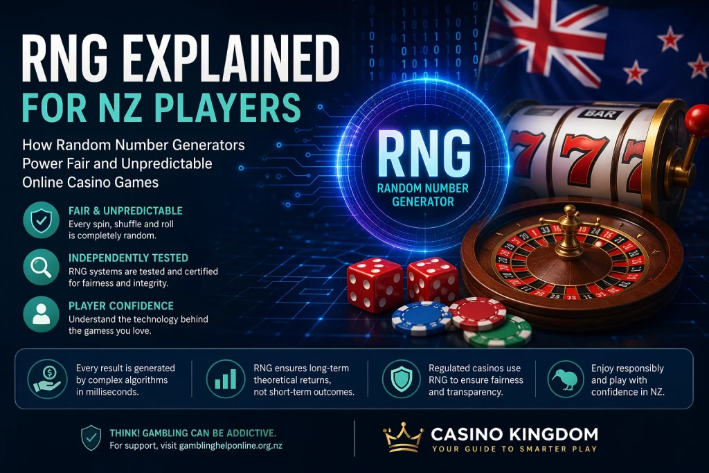 RNG explained for NZ players with Casino Kingdom banner, random number generator interface, slot machine, roulette wheel, dice, casino chips, and New Zealand flag background.