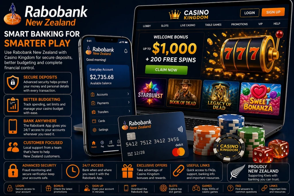 Rabobank New Zealand and Casino Kingdom banner with mobile banking app, debit card, casino chips, laptop casino screen, and secure deposit concept