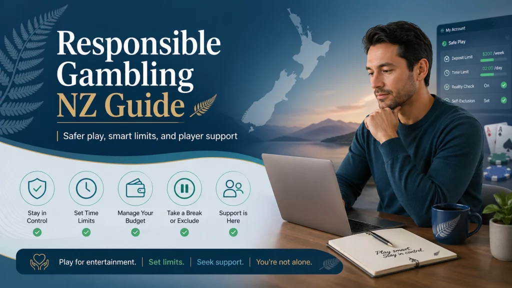 Responsible Gambling NZ Guide banner with safe play limits, budgeting icons, New Zealand map, support tools and player protection message