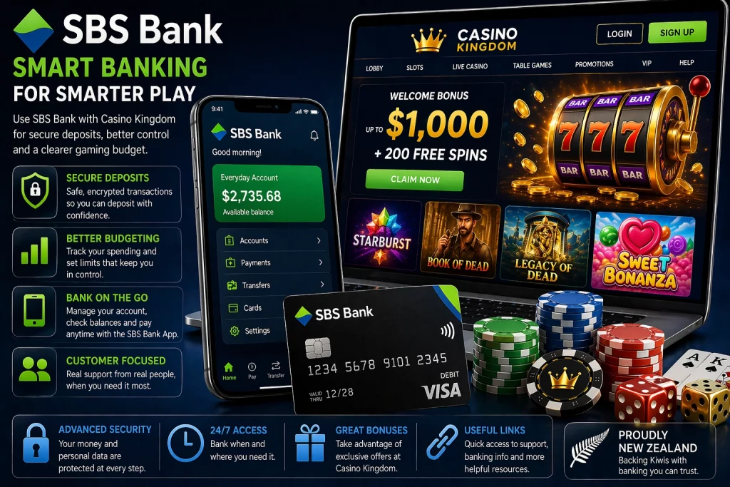 SBS Bank and Casino Kingdom banner with mobile banking app, debit card, casino chips, laptop casino screen, and secure deposit concept