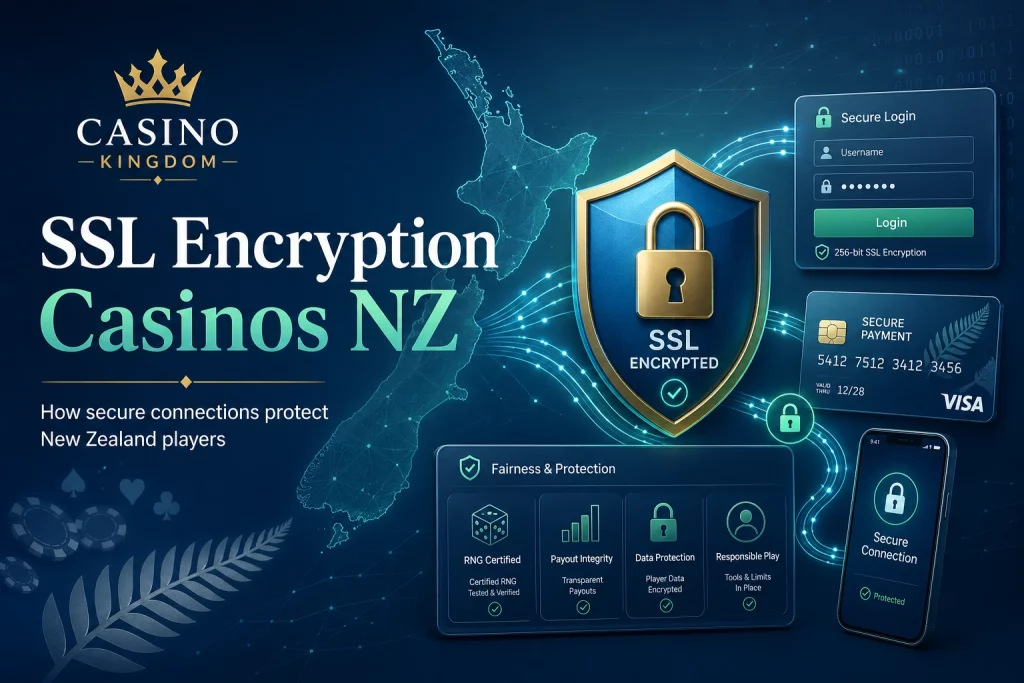 SSL Encryption Casinos NZ banner with Casino Kingdom branding, secure padlock shield, protected login panel, payment card, mobile secure connection, and New Zealand map background.