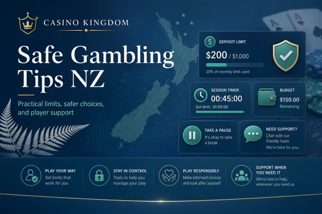 Safe Gambling Tips NZ banner for Casino Kingdom with deposit limits, session timer, budget protection, pause button, support chat and New Zealand silver fern design.
