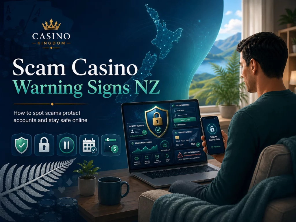 Scam Casino Warning Signs NZ banner with Casino Kingdom branding, New Zealand map, secure account dashboard, fraud monitoring panel, anti phishing alert, mobile protection screen, and player reviewing casino safety online.
