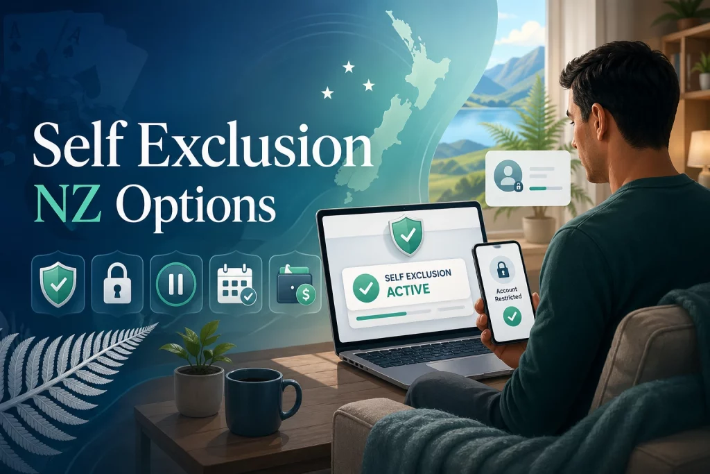 Self Exclusion NZ Options banner with account restriction screen, shield, lock, pause icon, budget tools and New Zealand map design