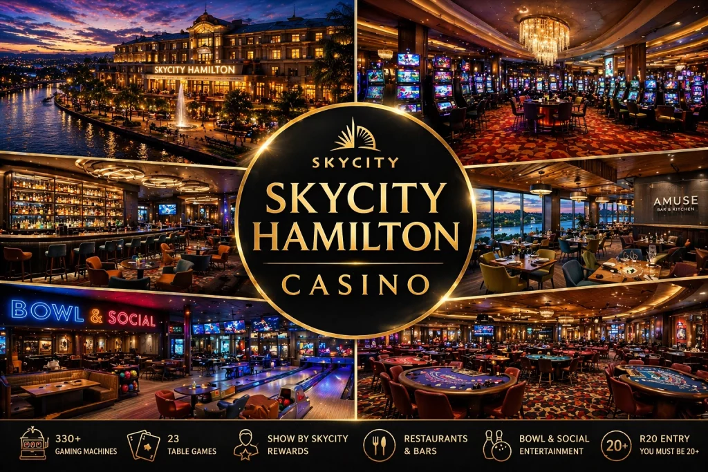 SkyCity Hamilton panoramic collage banner with casino exterior, gaming floor, restaurants, lounges, and entertainment spaces, with the SkyCity Hamilton Casino name centered