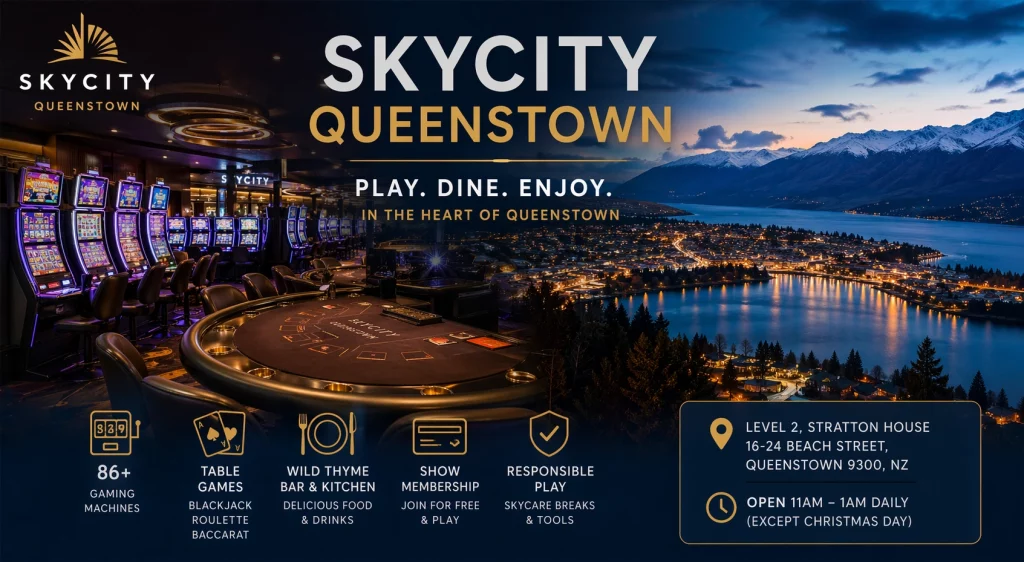 SkyCity Queenstown casino panoramic banner with gaming floor, slot machines, table games, and Queenstown night skyline by Lake Wakatipu