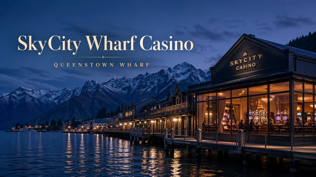 SkyCity Wharf Casino Queenstown Wharf banner with waterfront casino building, glowing gaming interior, and mountain skyline at dusk