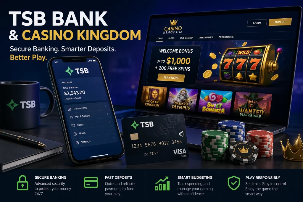 TSB Bank and Casino Kingdom banner with mobile banking app, debit card, casino chips, laptop casino screen, and secure deposit theme