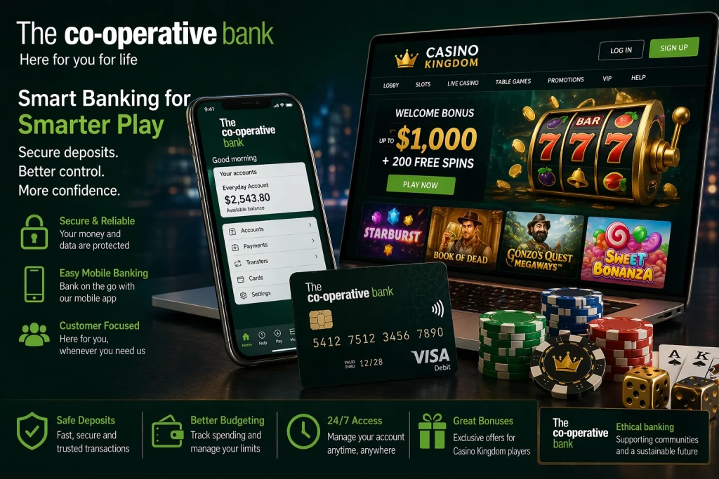 The Co-operative Bank and Casino Kingdom banner with mobile banking app, debit card, casino chips, laptop casino screen, and secure deposit theme