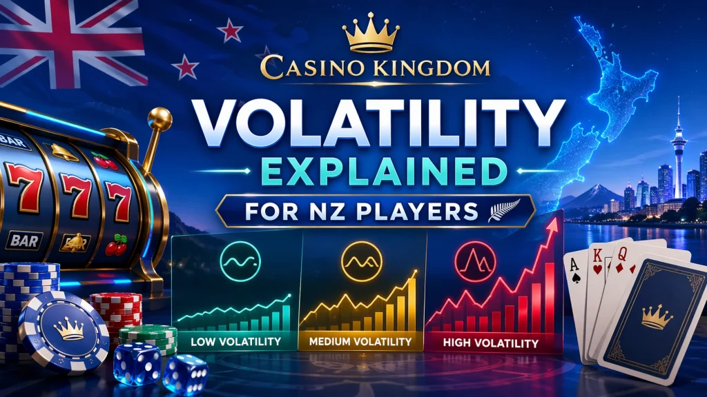 Volatility explained for NZ players with Casino Kingdom banner, slot machine, casino chips, cards, dice, New Zealand background, and low medium high volatility charts.