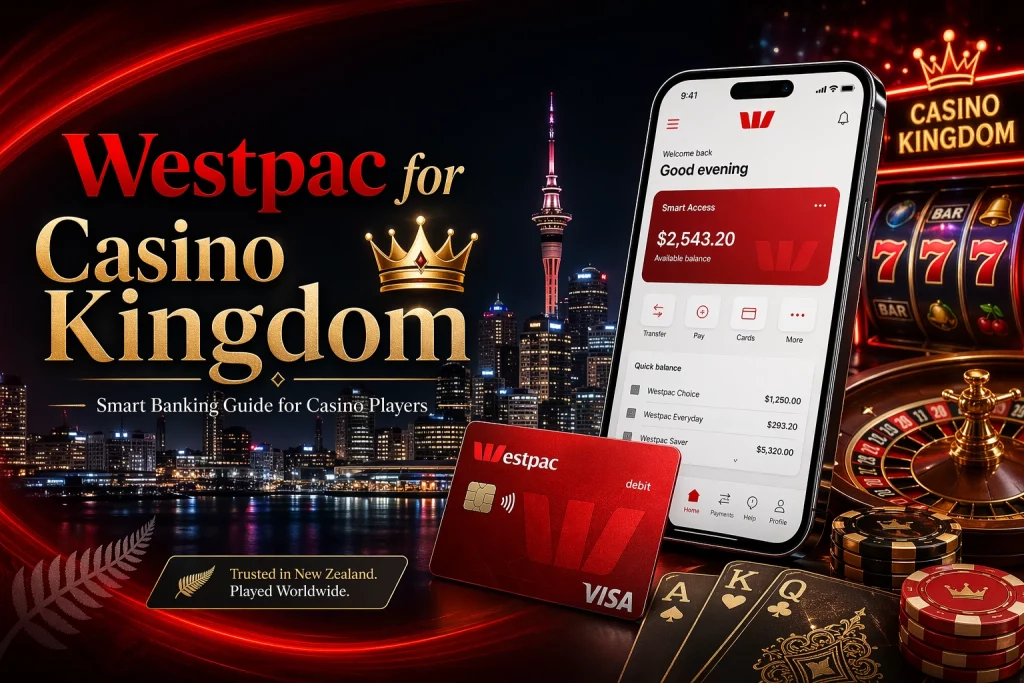 Westpac for Casino Kingdom banner with mobile banking app, Westpac debit card, casino chips, roulette wheel, playing cards, and New Zealand skyline