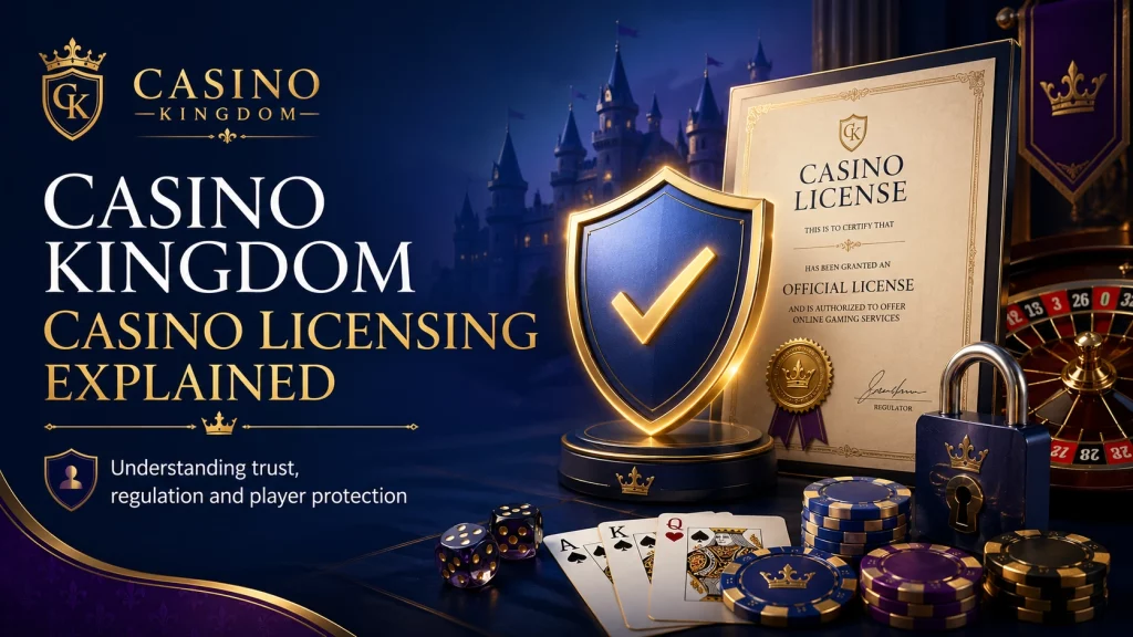 Casino Kingdom casino licensing explained banner with royal certificate, shield, padlock, roulette wheel and casino chips