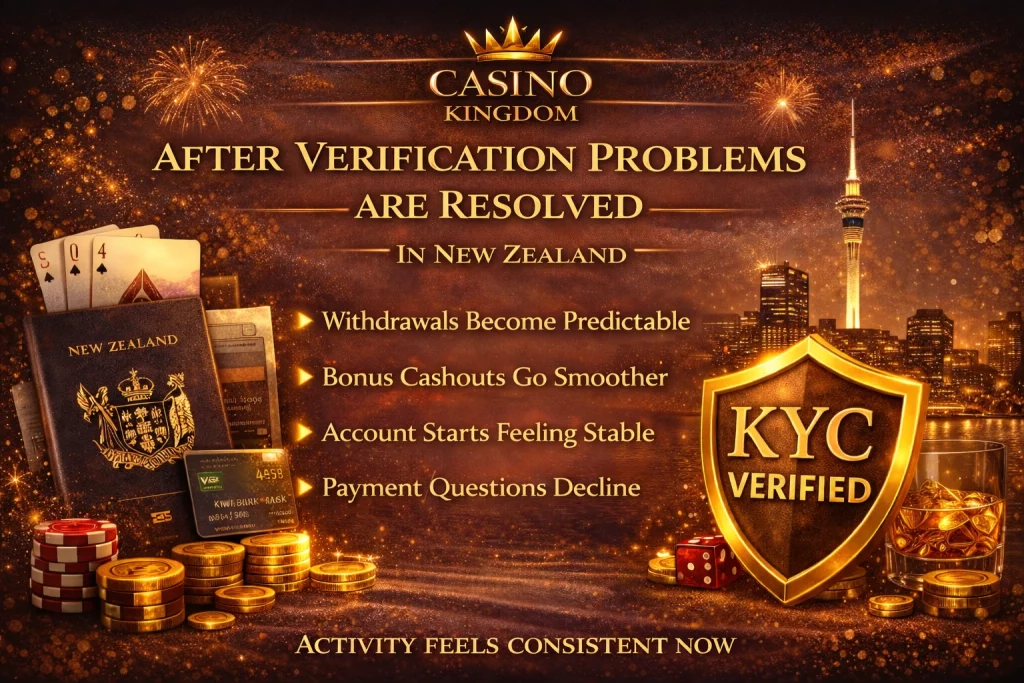 Casino Kingdom verification issues banner for New Zealand players with KYC shield, identity documents, payment card, and secure account review theme