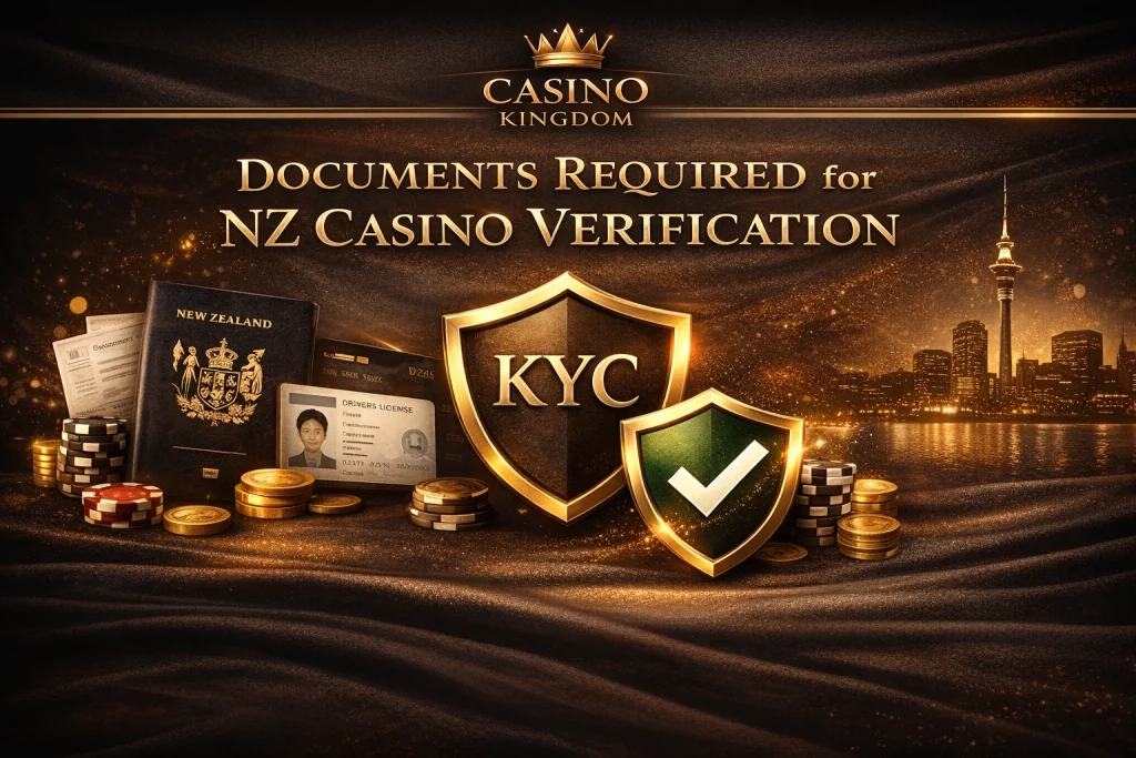 Casino Kingdom NZ casino verification banner with KYC shield, identity documents, gold casino elements, and secure account verification theme