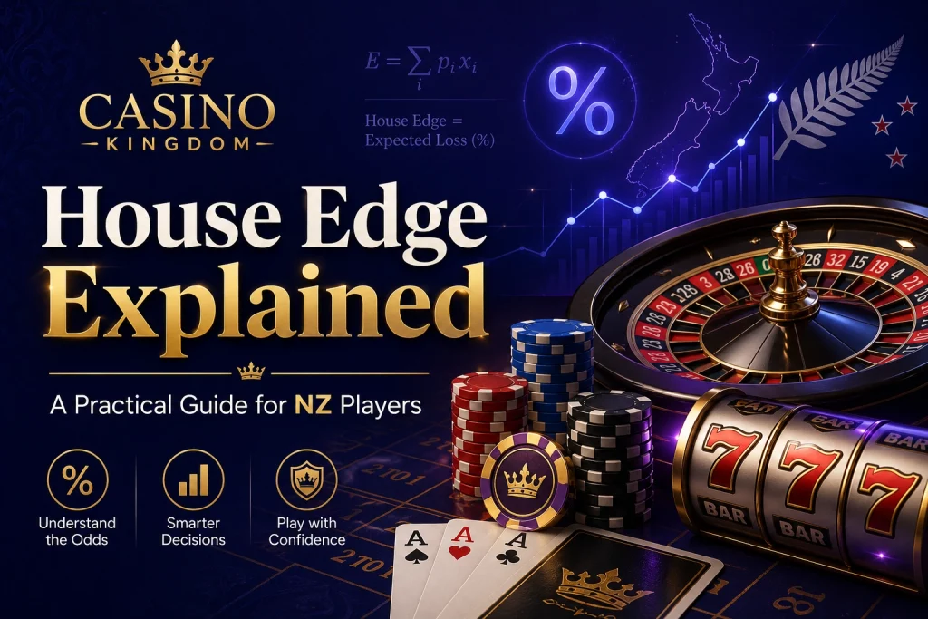 Casino Kingdom house edge explained guide for NZ players with roulette wheel, casino chips, slot reels, cards, percentage symbols and New Zealand themed background.