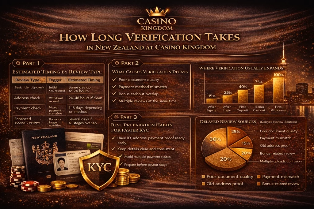 Casino Kingdom verification timing banner for New Zealand players with KYC shield, passport, gold casino elements, and secure account review theme