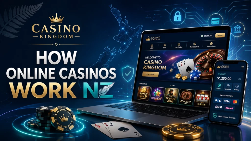 Casino Kingdom guide banner showing how online casinos work in NZ with laptop casino dashboard, mobile wallet, payment icons, chips, cards, roulette, and New Zealand digital background.