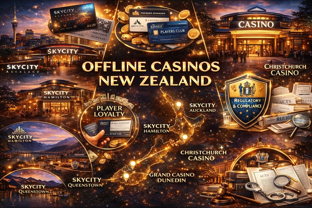 Panoramic collage banner of offline casinos in New Zealand featuring major casino venues, loyalty cards, regulatory elements, and a New Zealand map with highlighted casino locations