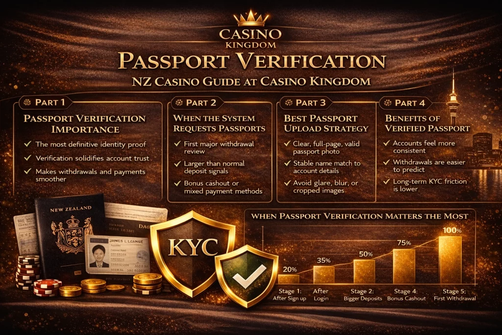 Casino Kingdom passport verification banner for New Zealand players with KYC shield, passport document, gold casino elements, and secure account verification theme