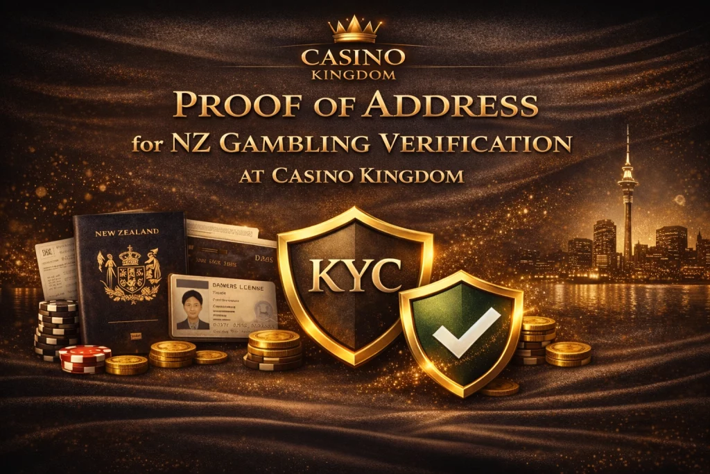Casino Kingdom proof of address banner for NZ gambling verification with KYC shield, New Zealand documents, gold casino elements, and secure verification theme