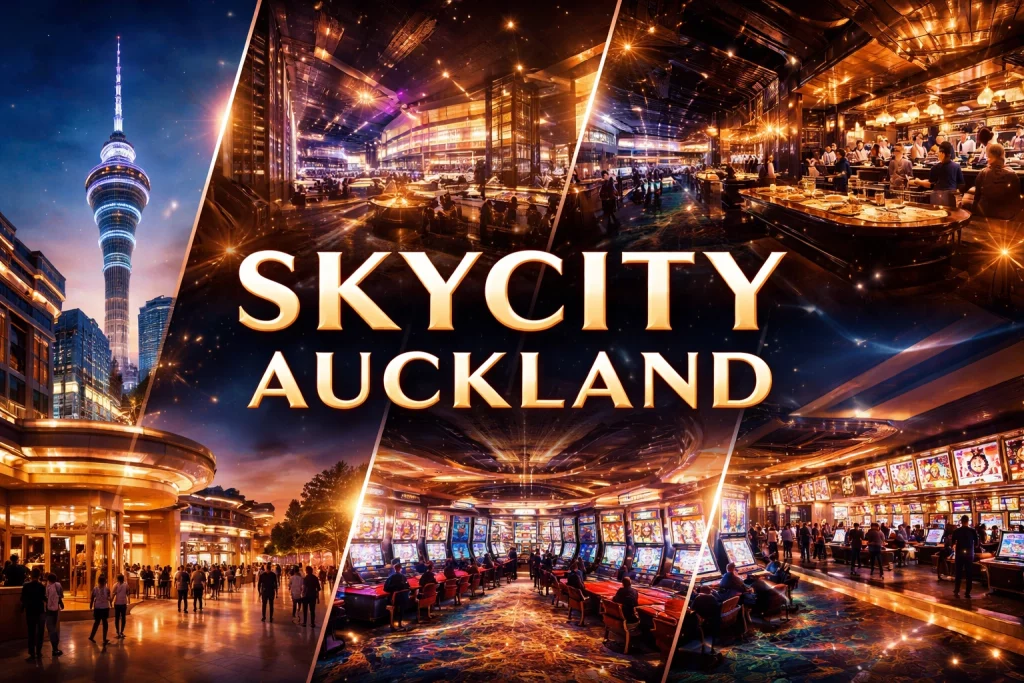 SkyCity Auckland panoramic photo collage banner with the casino exterior, Sky Tower views, entertainment complex scenes, and the SkyCity title centered