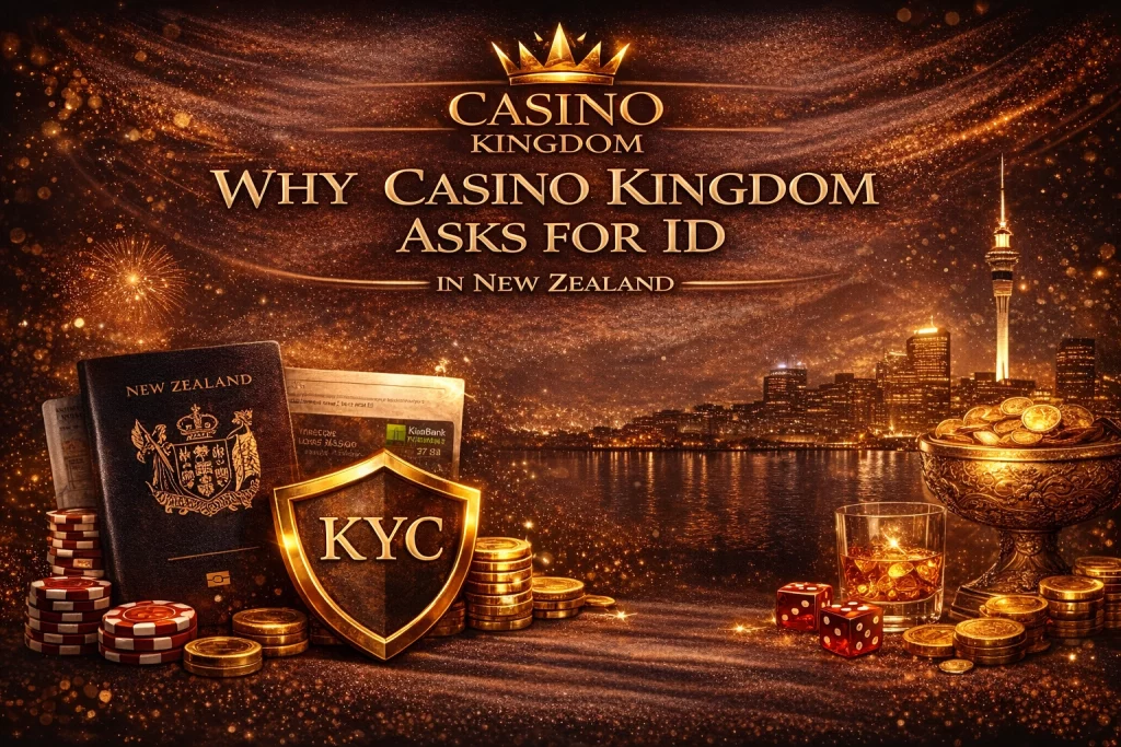 Casino Kingdom ID verification banner for New Zealand players with KYC shield, New Zealand passport, gold casino elements, and secure account review theme