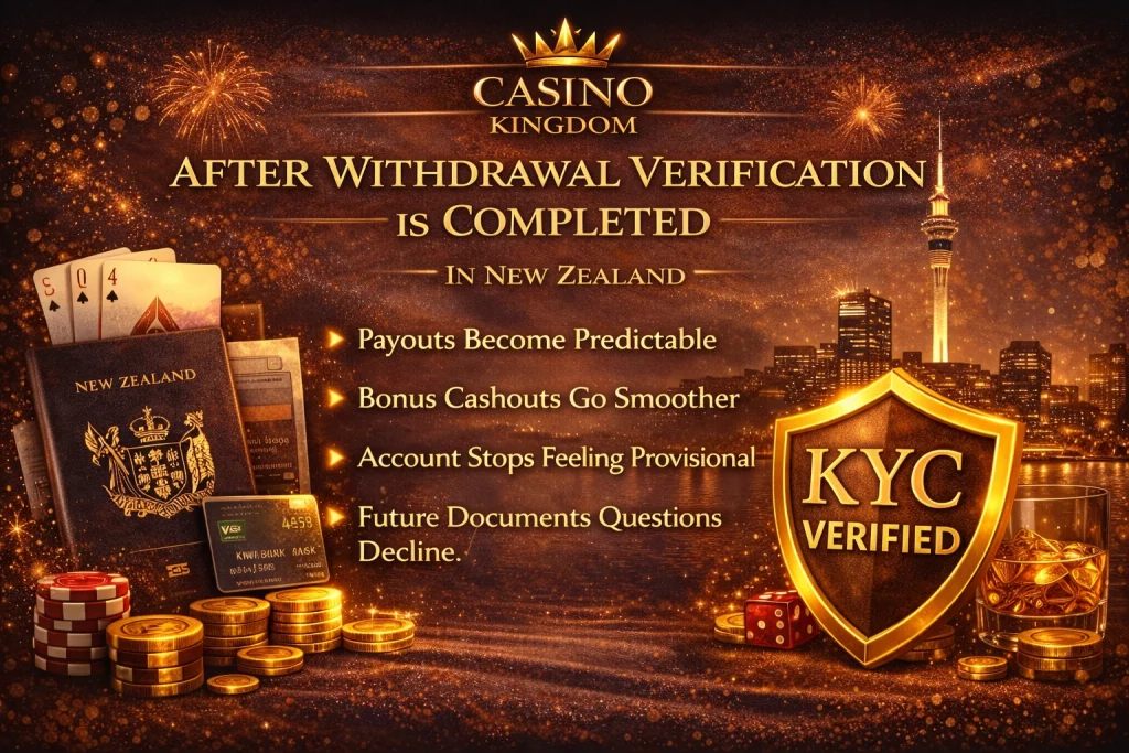 Casino Kingdom withdrawal verification banner for New Zealand players with KYC verified shield, passport, payment card, gold casino elements, and payout security theme