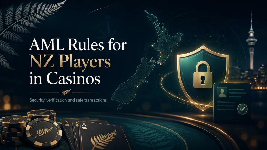 AML rules for NZ players in casinos banner with New Zealand map, security shield, lock icon, identity verification card, casino chips and cards on a dark green premium background.